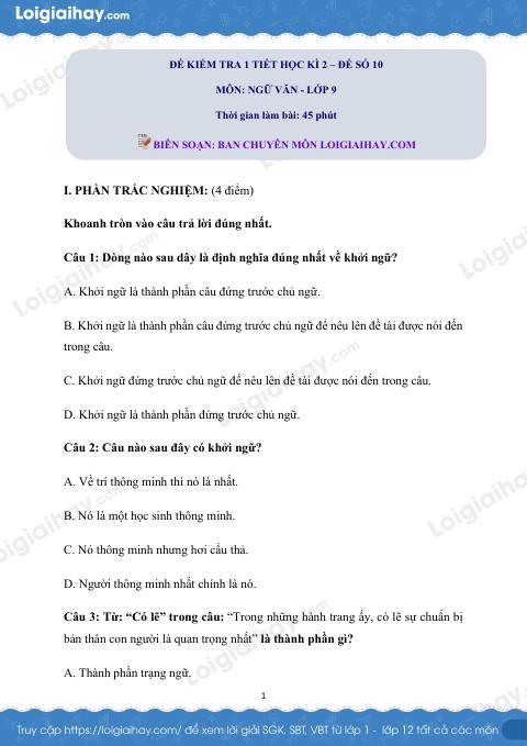 Đề kiểm tra 1 tiết Văn 9 - Đề số 10
